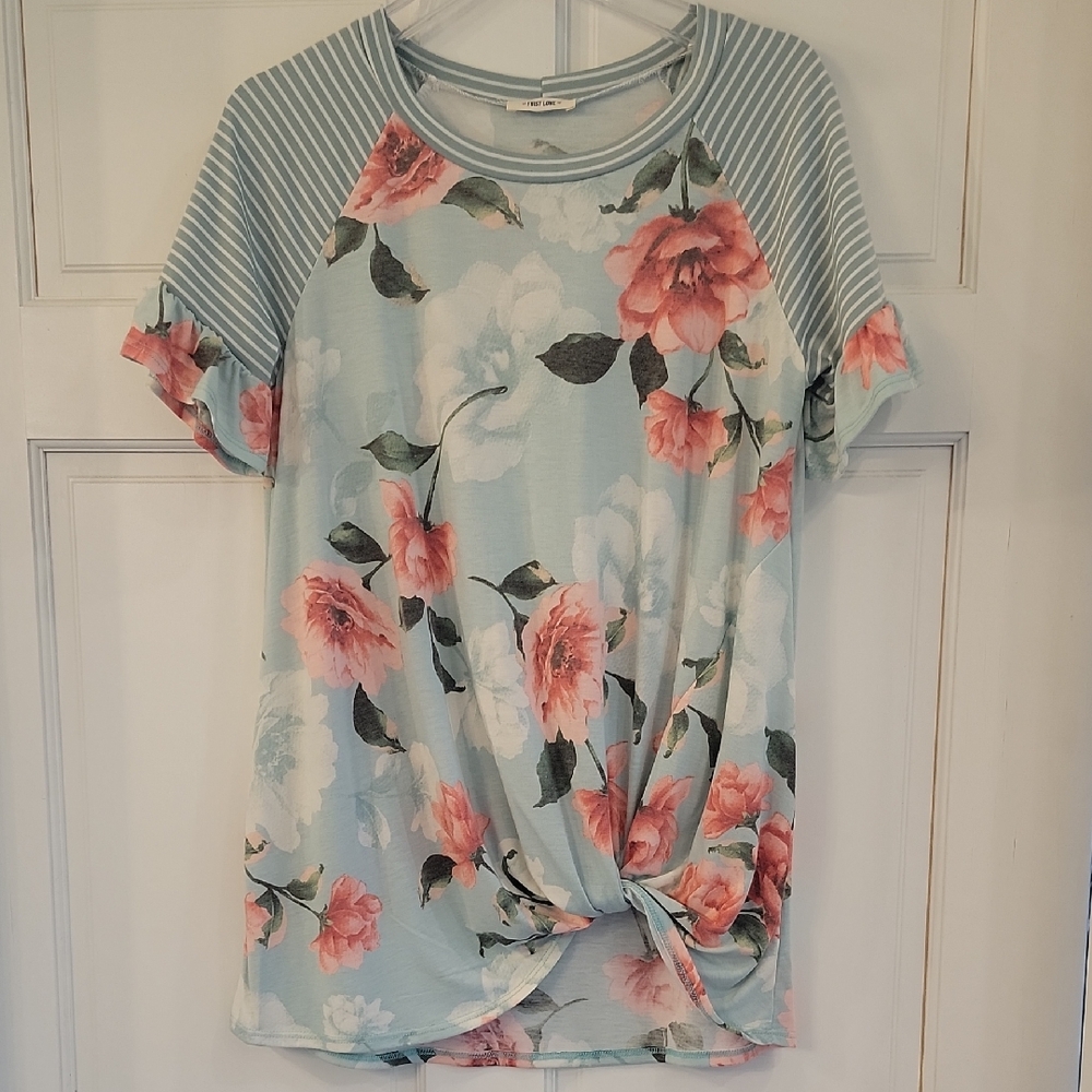 First Love Blue Floral Short Sleeve Top